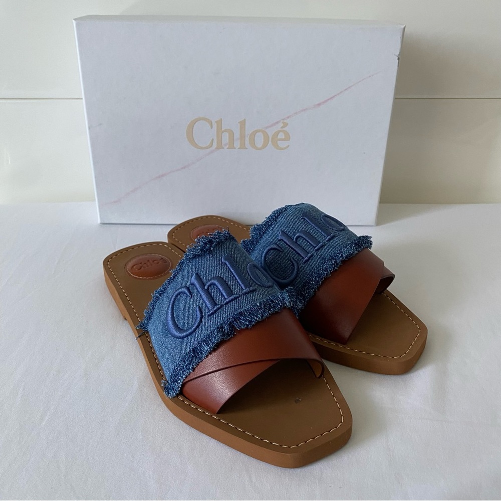 NWT 100% Authentic Chloe Woody Logo Flat Denim Slide Sandals - Picture 11 of 16